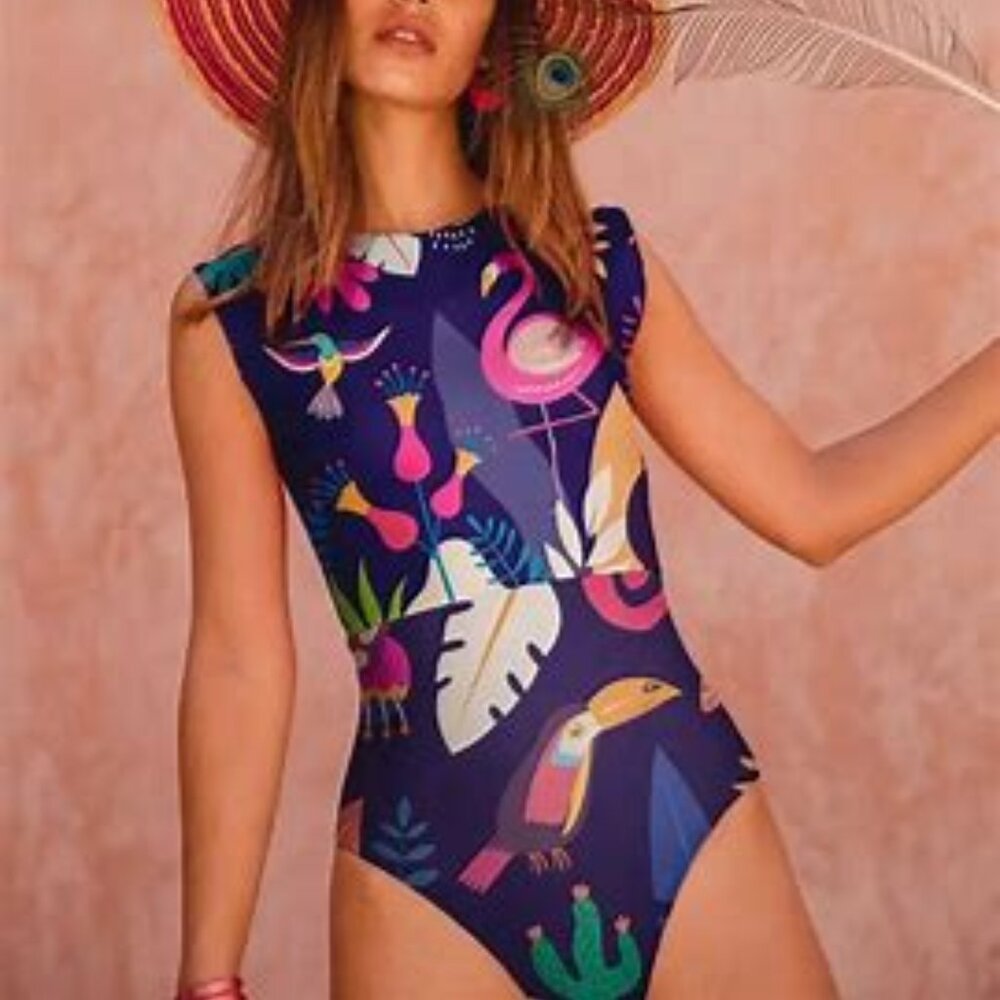 Navy Tropical Print One-Piece Swimsuit